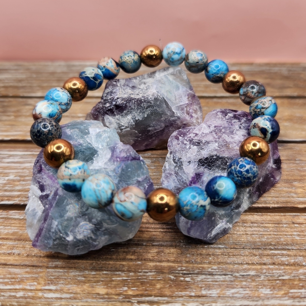 Blue Imperial Jssper and Copper Hematite Beaded Bracelet